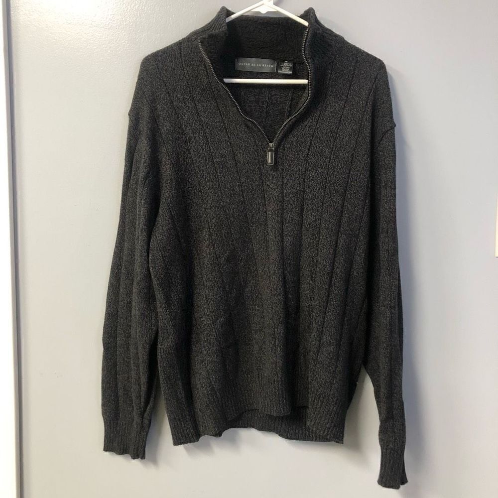 oscar de la renta men’s pullover 1/4 zip sweater size xl dark grey knit‎